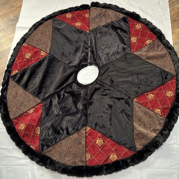 VILLA BACCI Tree Skirt 56” Tweed Fur Trimmed Animal Print And Red On Black - Picture 1 of 7